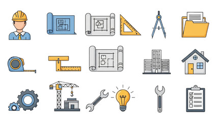 Construction and Architectural Icon Set Blueprints, Tools, and Building Elements