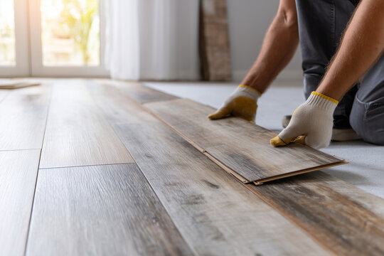 Worker installing laminate flooring in a bright modern room, showing precise placement of planks and clean contemporary interior.