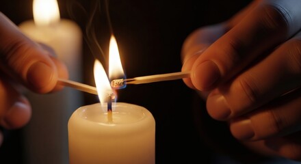 Close-up of hands lighting a white candle with two burning matches, creating a warm glow in a dimly lit setting, symbolizing hope, tradition, and spiritual reverence
