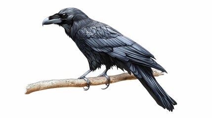 Obraz premium Detailed illustration depicts a dark feathered corvid perched firmly upon a weathered wooden branch