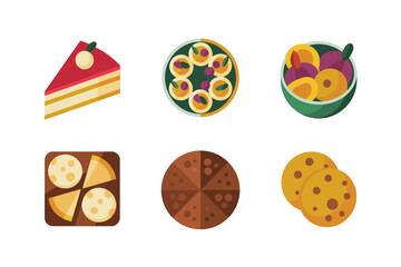 Bakery dessert icons, cake slice, fruit salad bowl, cookie assortment, chocolate biscuit, sweet snack collection, vector illustration