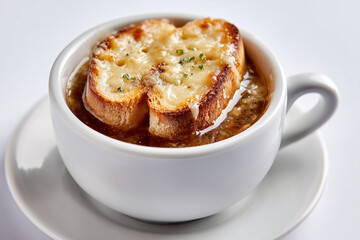 Warm minimalist shot of French onion soup topped with golden toasted bread and melted cheese, styled cleanly for culinary and menu use.
