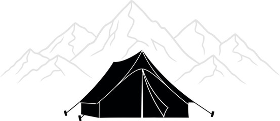 Fototapeta premium A black silhouette of a camping tent pitched against a backdrop of mountains, isolated on
