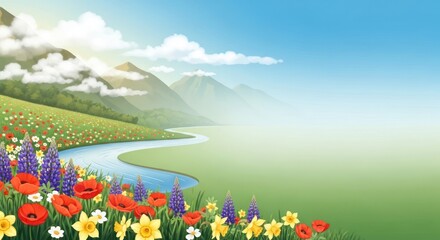 Serene landscape with vibrant wildflowers and flowing river illustration