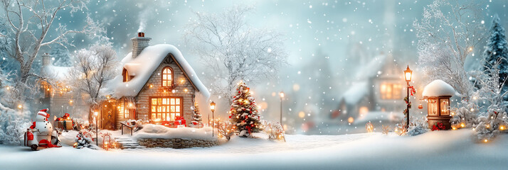 Charming cottage decorated for christmas with snow falling and a warm glow emanating from the windows