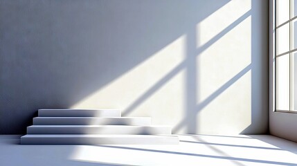 Obraz premium A minimalist interior scene featuring a white staircase bathed in dramatic light from a large window, creating geometric shadows on a textured wall.