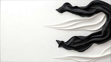 Elegant black and white fabric drapes flow in wavy patterns against a textured white surface, creating a minimalist and abstract composition.