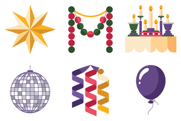 Festive new year celebration icons set, disco ball, colorful streamers, golden star, candle centerpiece, purple balloon