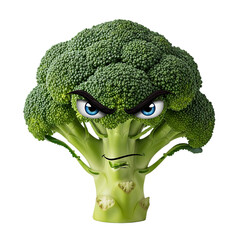 Grumpy broccoli cartoon character with serious expression and furrowed brows, a funny vegetable icon perfect for healthy eating campaigns