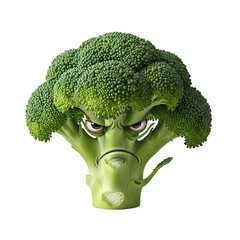 Grumpy broccoli character with a stern face and piercing eyes, a funny concept for healthy eating campaigns and dietary awareness initiatives