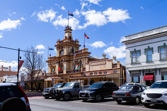 Glen Innes Town Hall on bright windy sunlit day in Northern Tablelands, NSW, Australia