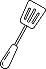 A minimalist, black and white line drawing of a kitchen spatula with a slotted head and a textured handle