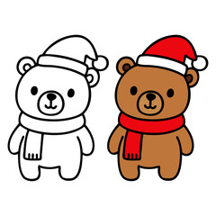 Dibujo sencillo con líneas de osito de peluche simpático con bufanda y sombrero de Santa Claus para tarjetas y felicitaciones de Navidad
