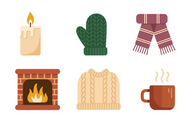 Cozy winter elements, burning fireplace, knit sweater, steaming mug, candle light, warm mitten, striped scarf, holiday vector