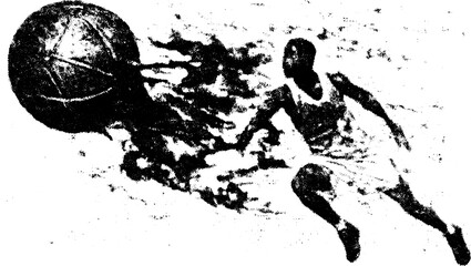 Basketball player silhouette in action. Dynamic black and white vector illustration of an athlete performing a dunk with a ball in motion.