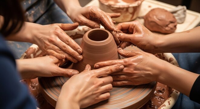 A diverse group of hands working together on a pottery wheel, crafting a clay pot