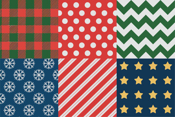 Festive digital paper pack, snowflake print, diagonal stripe, golden stars, check plaid, zigzag chevron, winter wrapping background vector