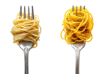 Two forks laden with coils of pasta, black background