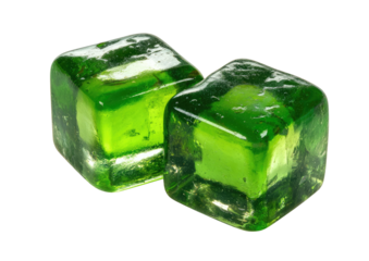 Two translucent green cubes, textured, against black