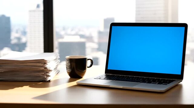 Office Work Environment: Laptop, Coffee, Documents, and City View Workspace productivity