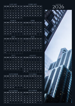 2026 yearly wall calendar with modern skyscraper architecture photo, dark minimal layout, clean monthly grid, and urban business theme.