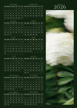 2026 yearly wall calendar with soft floral nature photo, green theme, minimal monthly grid layout, and elegant printable planner design.