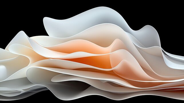 Smooth, flowing layers of translucent white and orange material create an abstract, wave-like pattern against a stark black background.
