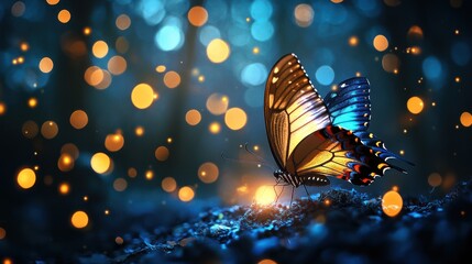 Mystical butterfly with iridescent wings amidst glowing orbs in the night