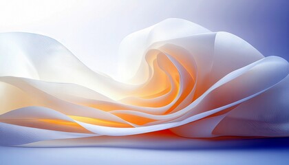 Abstract flowing white fabric with warm orange light glowing from within, against a soft blue and white background.