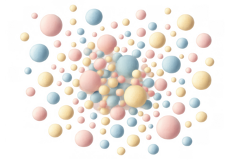 Pastel colored spheres forming floating abstract pattern with soft bubbles on transparent background