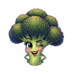 Winking cartoon broccoli character illustration isolated on transparent background