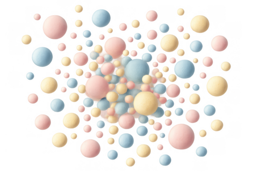 Pastel colored spheres forming floating abstract pattern with soft bubbles on transparent background
