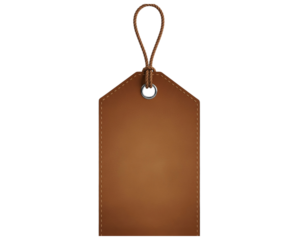 Brown rectangular paper tag with rope and metal eyelet for pricing and sales isolated on transparent background