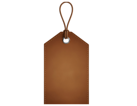 Brown rectangular paper tag with rope and metal eyelet for pricing and sales isolated on transparent background