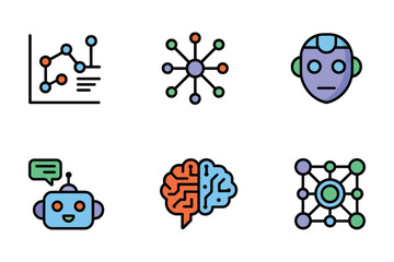 Artificial intelligence icons, analytics chart nodes, neural network diagram, robotic face, chat bubble, brain cloud, molecule connections, vector