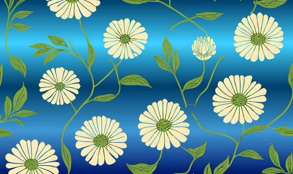 Elegant floral pattern with white daisylike flowers, green leaves, and winding stems on a vibrant blue gradient background - Powered by Adobe