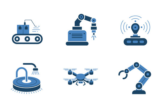 Automation production icons, conveyor with robotic arm, surveillance drone, floor vacuum robot, assembly manipulator, industry technology vector