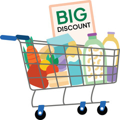 Shopping cart overflowing with colorful groceries and a sign advertising a big discount perfect for retail promotions and grocery advertising needs