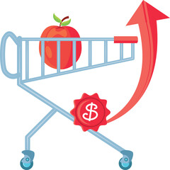 Shopping Cart With Red Apple And Upward Arrow Graph Symbolizing Rising Prices And Increased Sales With Dollar Sign On White Background