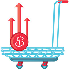 Shopping Cart With Red Upward Arrows and Dollar Symbol Indicating Financial Growth and Rising Prices