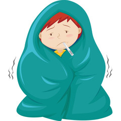 Sick Child Wrapped In Teal Blanket Holding Thermometer In Mouth With Cold Shivers And Sad Expression