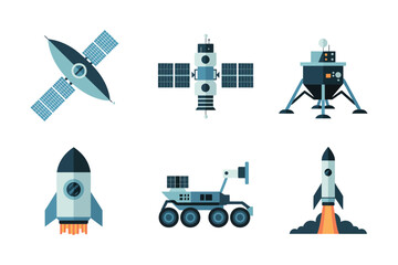 Space mission vehicles set, satellite array, lunar lander module, exploration rover, launch rocket, spacecraft icons, astronomy technology vector