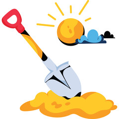 Shovel digging into bright yellow dirt with a glowing sun and clouds overhead on a transparent background representing outdoor activity and sunshine