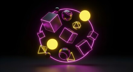 Abstract Glowing Geometric Composition with Circles, Cubes and Spheres on Dark Background