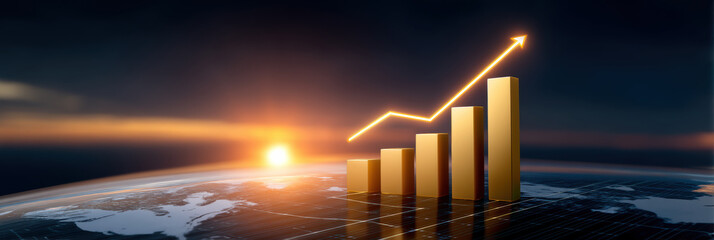 Golden rising bar chart over Earth at sunrise showing upward growth and optimism