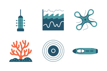 Oceanography instruments set, vertical profiler, wave gauge, plankton shape, coral reef icon, sonar target, submersible sensor vector