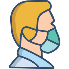 Side Profile of a Person Wearing a Teal Medical Face Mask with Blond Hair and a Blue Collar Against a Transparent Background