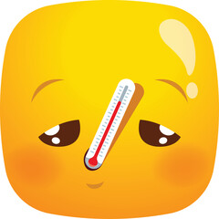 Sick Sad Yellow Face Emoji With Thermometer On Forehead Indicating Fever And Illness With Red Cheeks And Dark Eyes On Transparent Background Representing Sickness And Unwellness