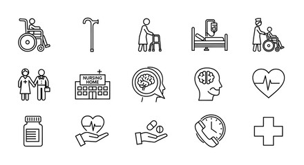 Collection of healthcare and elderly care icons representing medical services and assistance