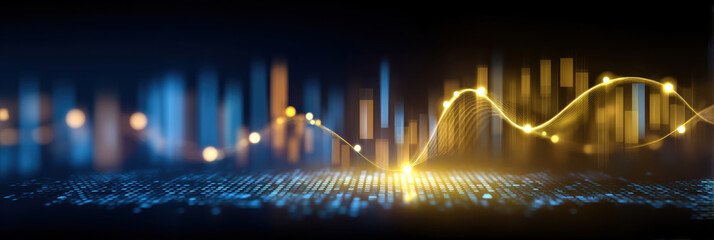 Golden data wave over digital grid with glowing analytics and abstract city lights
